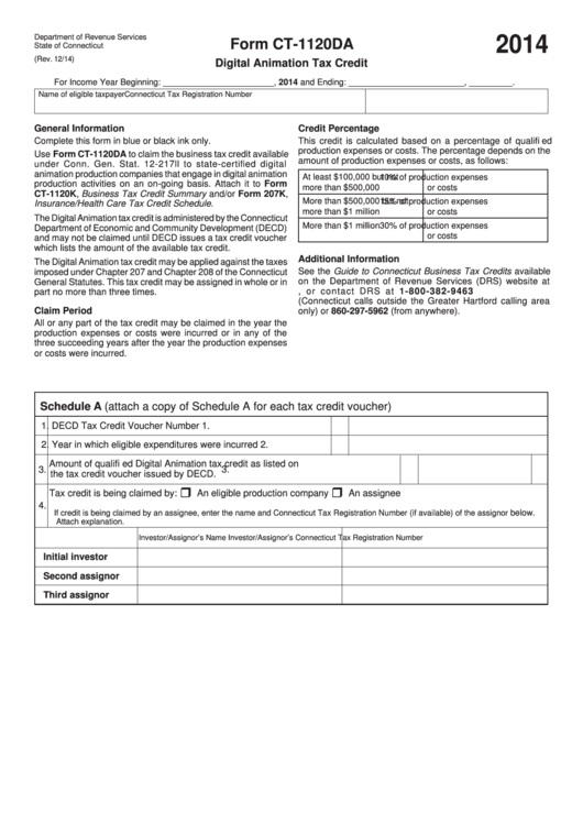 Form Ct-1120da - Digital Animation Tax Credit - Connecticut Department Of Revenue - 2014 Printable pdf