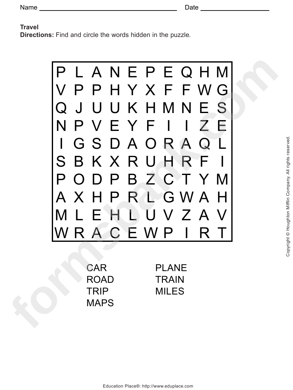 Travel Word Search Puzzle Template