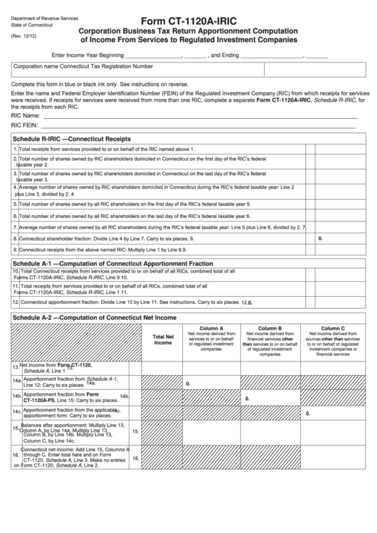 Form Ct-1120a-Iric - Corporation Business Tax Return Apportionment Computation Of Income From Services To Regulated Investment Companies Printable pdf