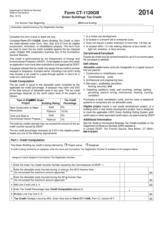 Form Ct-1120gb - Green Buildings Tax Credit - Connecticut Department Of Revenue - 2014 Printable pdf