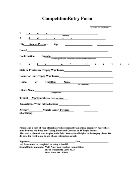 Competition Entry Form/official Scoring Form For North American Hunting Competition - North American Hunting Competition Printable pdf