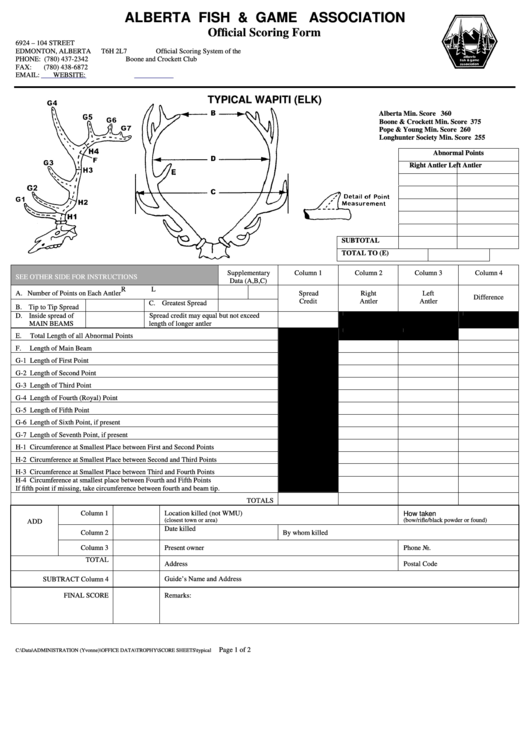 Official Scoring Form - Alberta Fish & Game Association Printable pdf