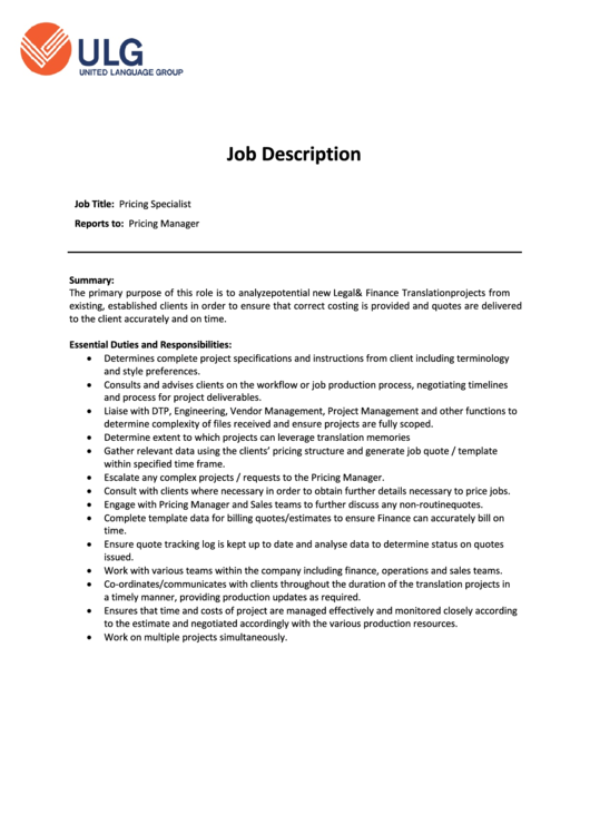 Sample Job Description Template Printable pdf