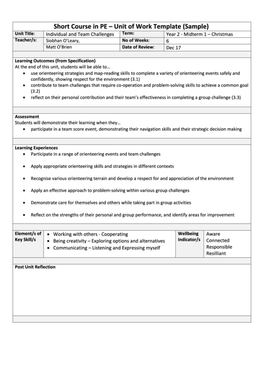 Short Course In Pe - Unit Of Work Template (Sample) Printable pdf