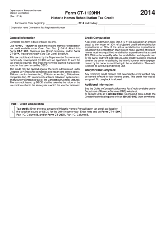 Form Ct-1120hh - Historic Homes Rehabilitation Tax Credit - Connecticut Department Of Revenue - 2014 Printable pdf