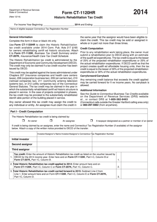 Form Ct-1120hr - Historic Rehabilitation Tax Credit - Connecticut Department Of Revenue - 2014 Printable pdf