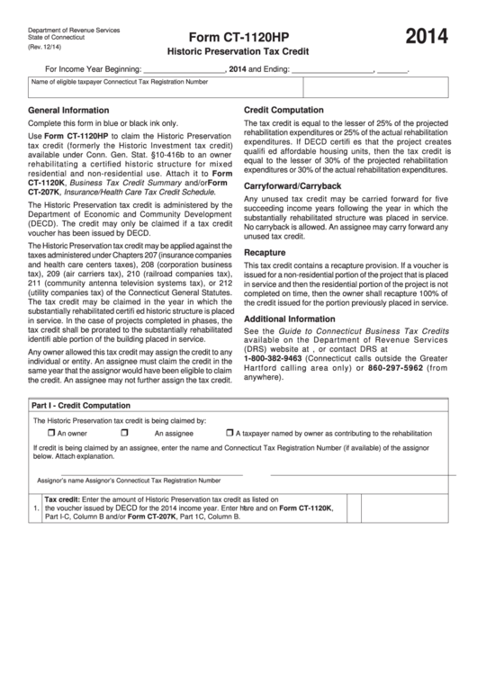 Form Ct-1120hp - Historic Preservation Tax Credit - Connecticut Department Of Revenue - 2014 Printable pdf