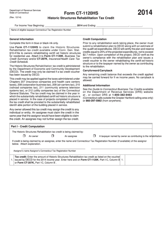 Form Ct-1120hs - Historic Structures Rehabilitation Tax Credit - Connecticut Department Of Revenue - 2014 Printable pdf