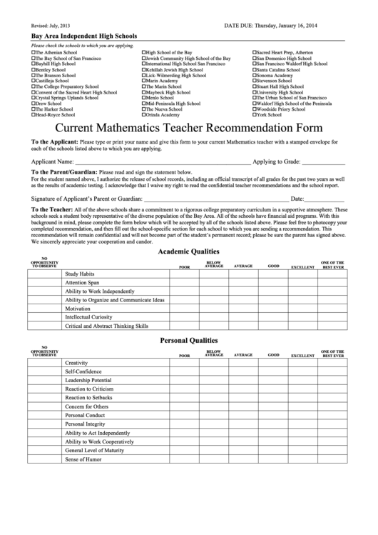Current Mathematics Teacher Recommendation Form Printable pdf