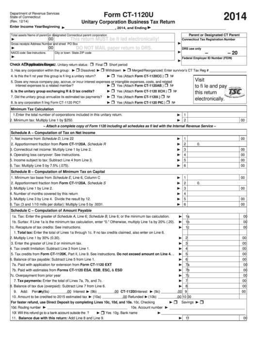 Form Ct-1120u - Unitary Corporation Business Tax Return - Connecticut Department Of Revenue - 2014 Printable pdf