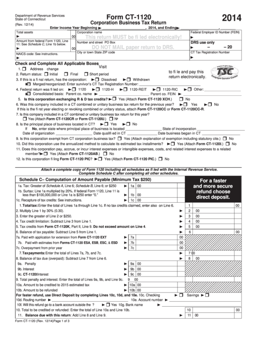 Form Ct-1120 - Corporation Business Tax Return - Connecticut Department Of Revenue - 2014 Printable pdf