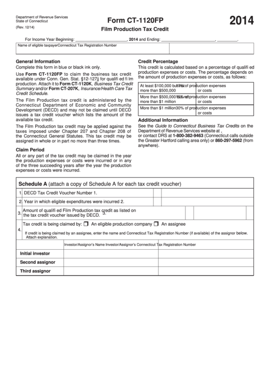 Form Ct-1120fp - Film Production Tax Credit - Connecticut Department Of Revenue - 2014 Printable pdf