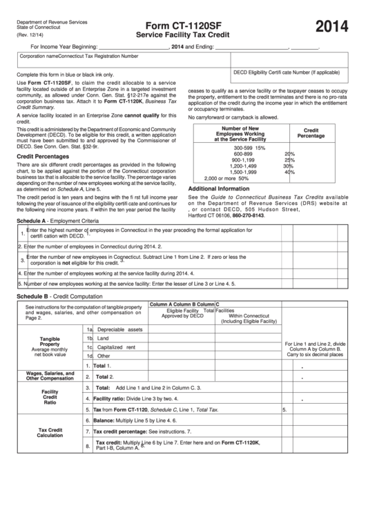 Form Ct-1120sf - Service Facility Tax Credit - Connecticut Department Of Revenue - 2014 Printable pdf