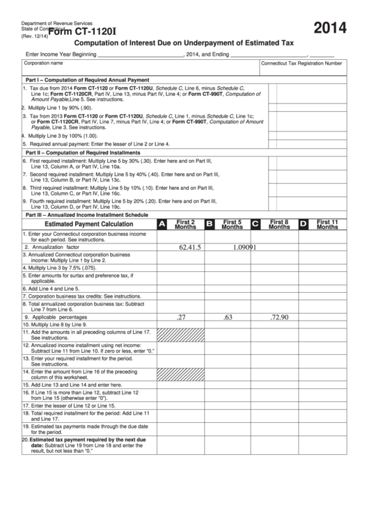 Form Ct-1120 - Computation Of Interest Due On Underpayment Of Estimated Tax - Connecticut Department Of Revenue - 2014 Printable pdf