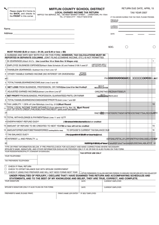 Local Earned Income Tax Return - Mifflin County School District - 2007 Printable pdf