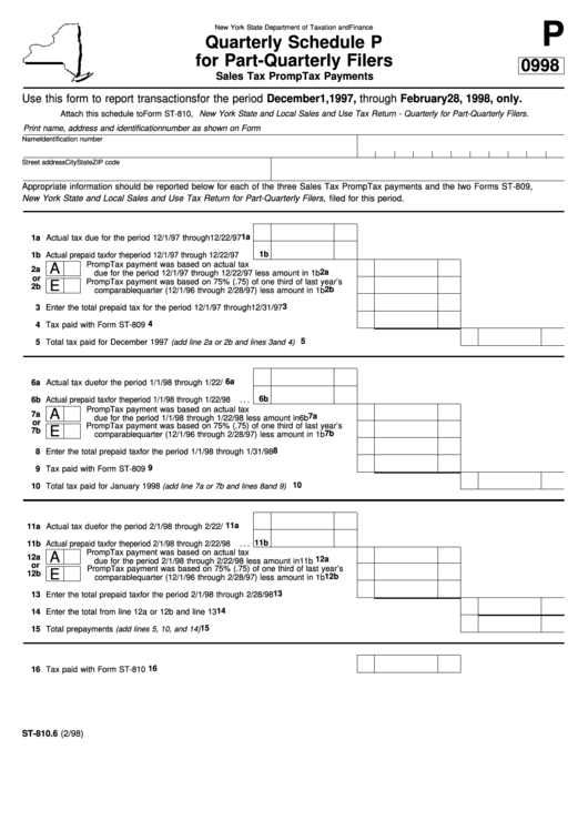 Fillable Form St-810.6 - Quarterly Schedule P For Part-Quarterly Filers Printable pdf