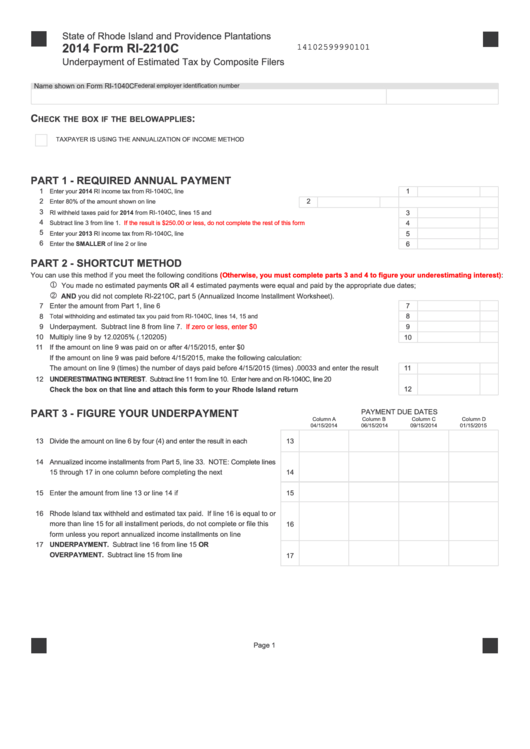 Fillable Form Ri-2210c - Underpayment Of Estimated Tax By Composite Filers - 2014 Printable pdf