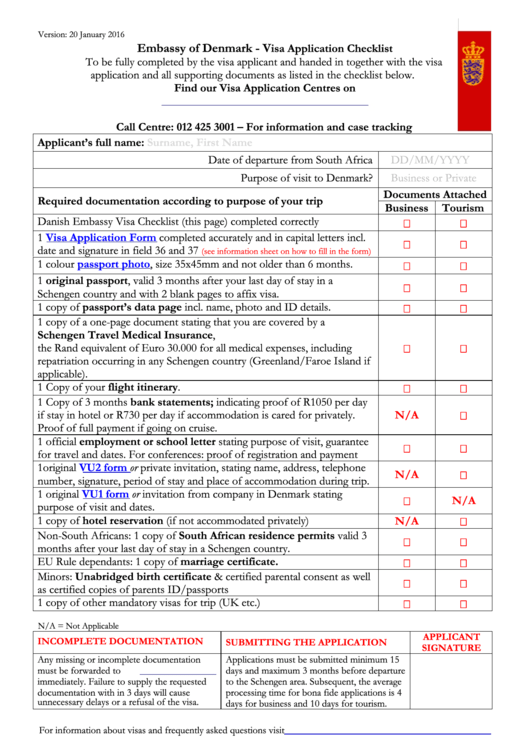 Embassy Of Denmark - Visa Application Checklist Template Printable pdf