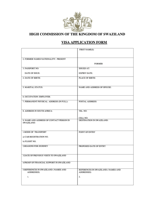 Visa Application Form - High Commission Of The Kingdom Of Swaziland Printable pdf