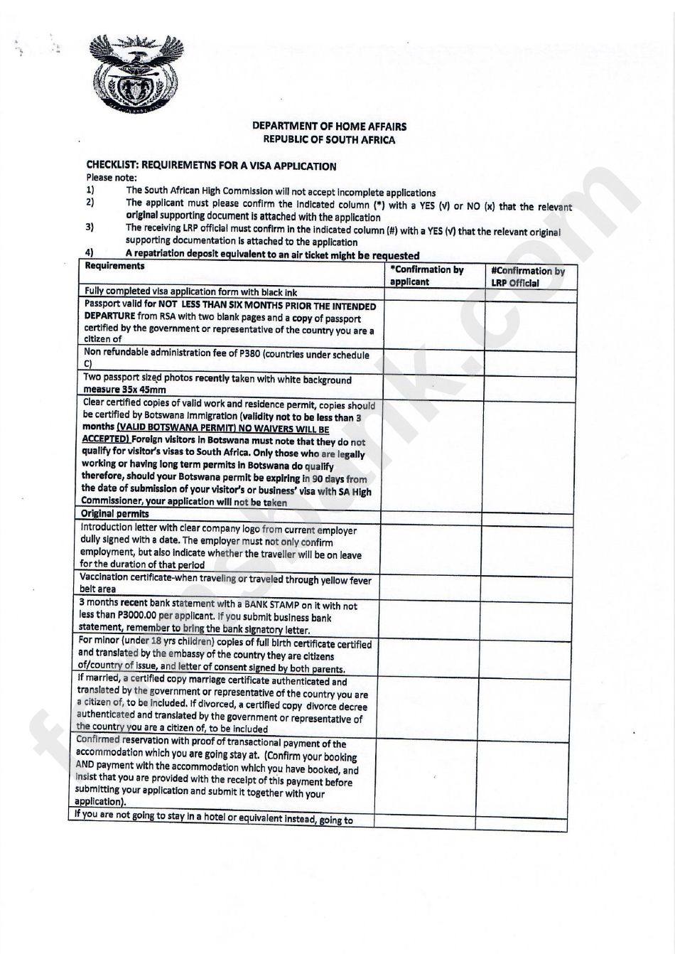 South Africa Visa Application Checklist Template Printable Pdf Download