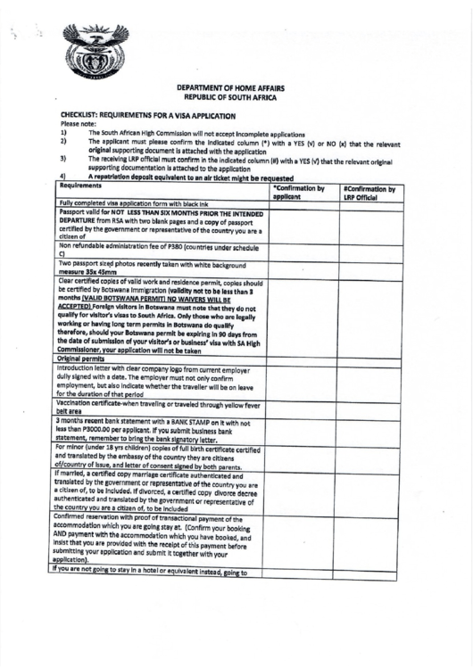 South Africa Visa Application Checklist Template Printable pdf