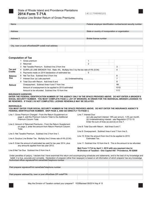 Fillable Form T-71a - Surplus Line Broker Return Of Gross Premiums - 2014 Printable pdf