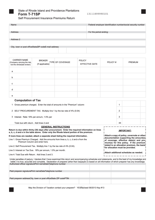 Fillable Form T-71sp - Self Procurement Insurance Premiums Return Printable pdf