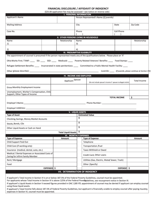 Form Opd-206r - Financial Disclosure / Affidavit Of Indigency Printable pdf