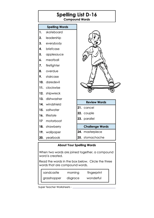 Spelling List D-16 - Compound Words Printable pdf