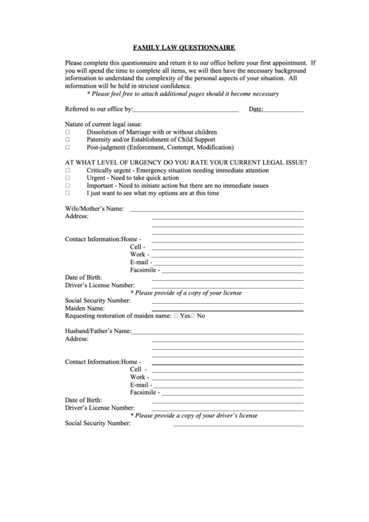 Family Law Questionnaire Template Printable pdf