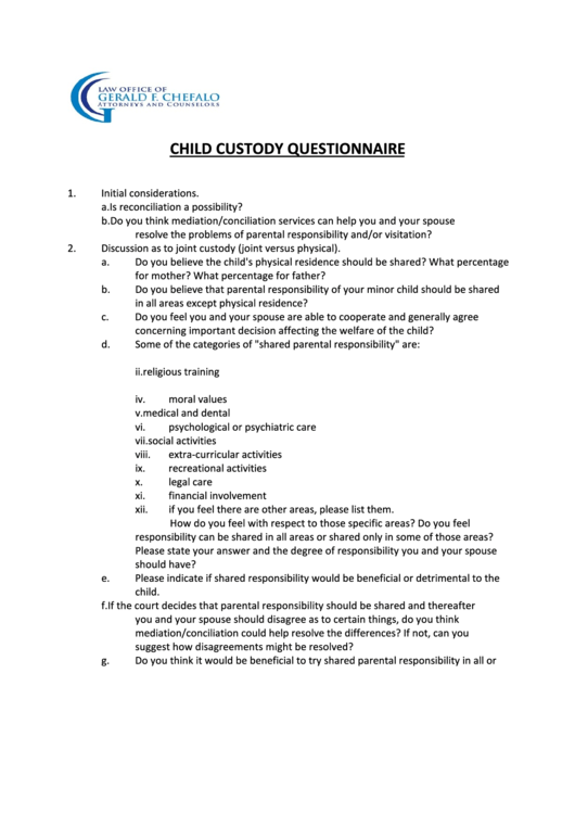 Child Custody Questionnaire Template Printable pdf