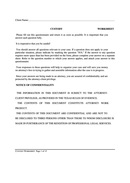 Custody Worksheet Printable pdf
