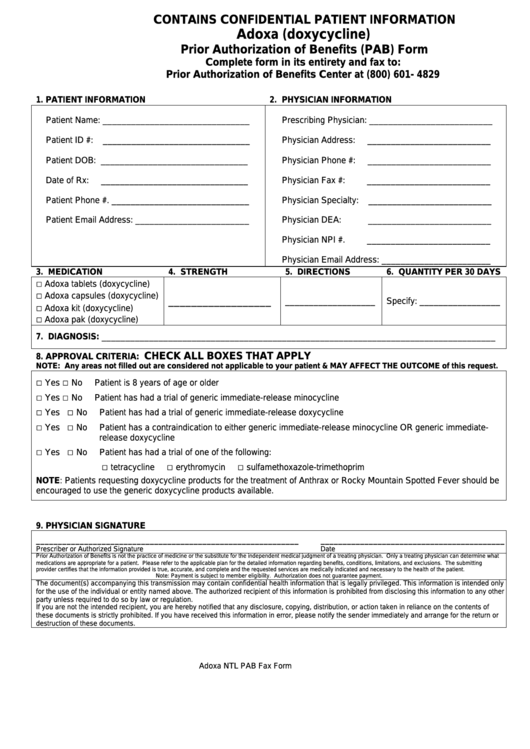 Adoxa (Doxycycline) Prior Authorization Of Benefits (Pab) Form Printable pdf