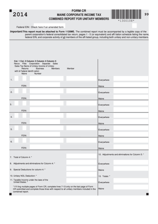 Fillable Form Cr - Maine Corporate Income Tax Combined Report For Unitary Members - 2014 Printable pdf