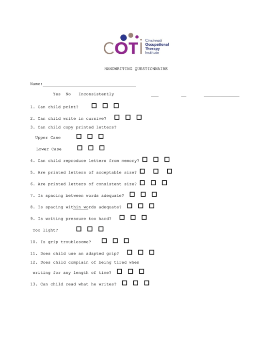 Handwriting Questionnaire Template Printable pdf