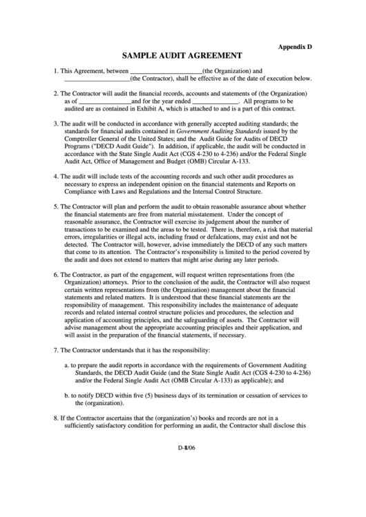 Sample Audit Agreement - Appendix D Template Printable pdf