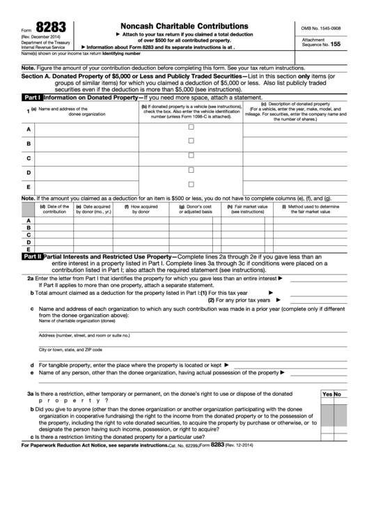 Fillable Form 8283 - Noncash Charitable Contributions Printable pdf