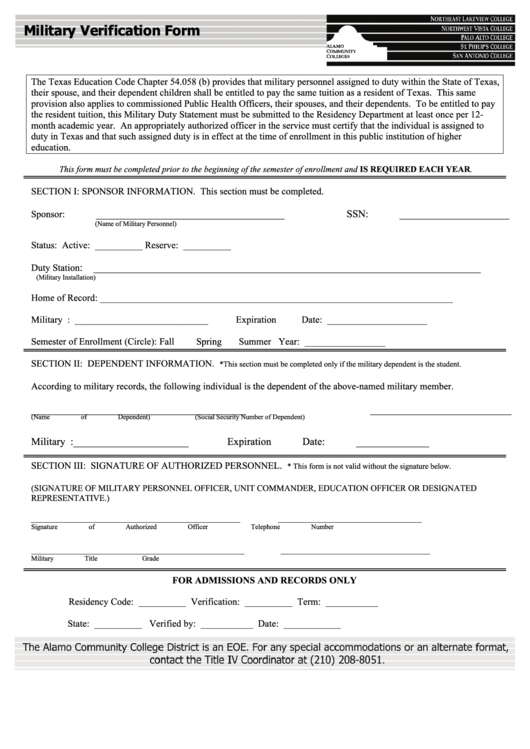 Military Verification Form Printable pdf