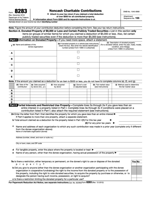 Fillable Form 8283 - Noncash Charitable Contributions Printable pdf