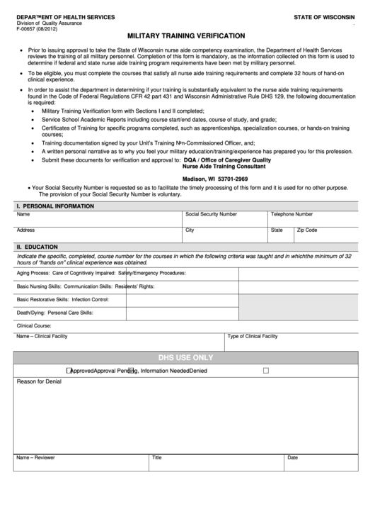 Form F-00657 - Military Training Verification Printable pdf