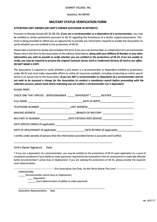 Military Status Verification Form Printable pdf
