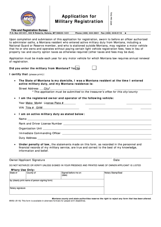Fillable Form Mv53 - Application For Military Registration Printable pdf