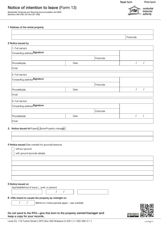 Fillable Form 13 - Notice Of Intention To Leave Printable pdf