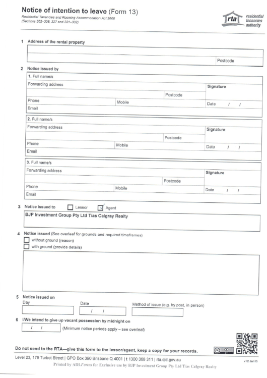 Form 13 - Notice Of Intention To Leave Printable pdf
