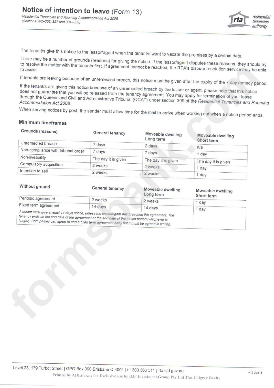 Form 13 - Notice Of Intention To Leave