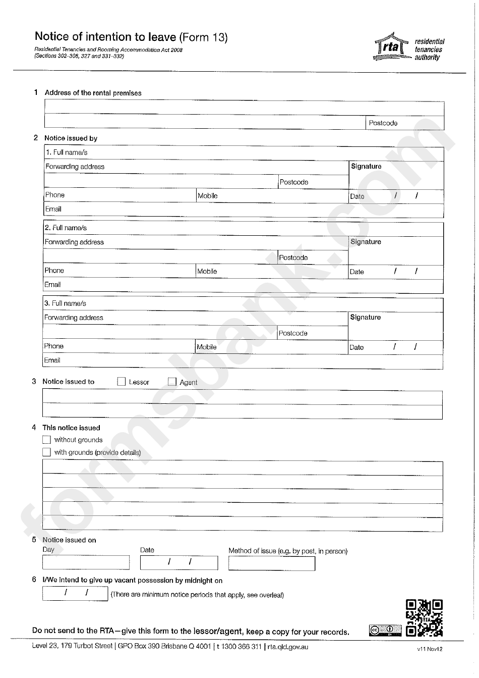 Form 13 - Notice Of Intention To Leave