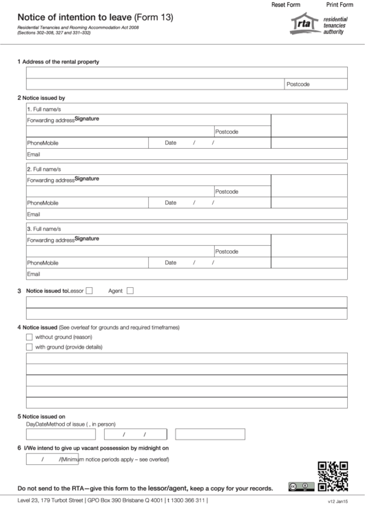Fillable Form 13 - Notice Of Intention To Leave Printable pdf