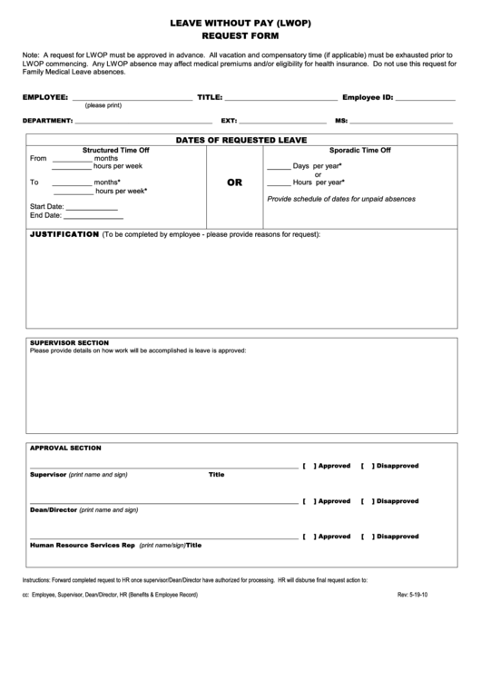 Fillable Leave Without Pay (Lwop) Request Form Printable pdf