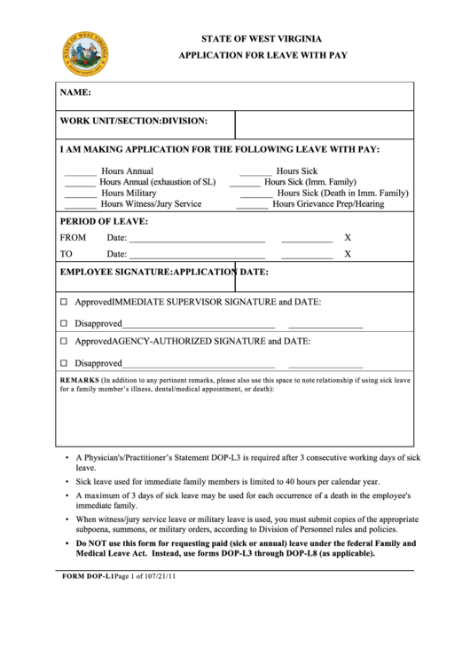 Fillable Form Dop-L1 - Application For Leave With Pay Printable pdf