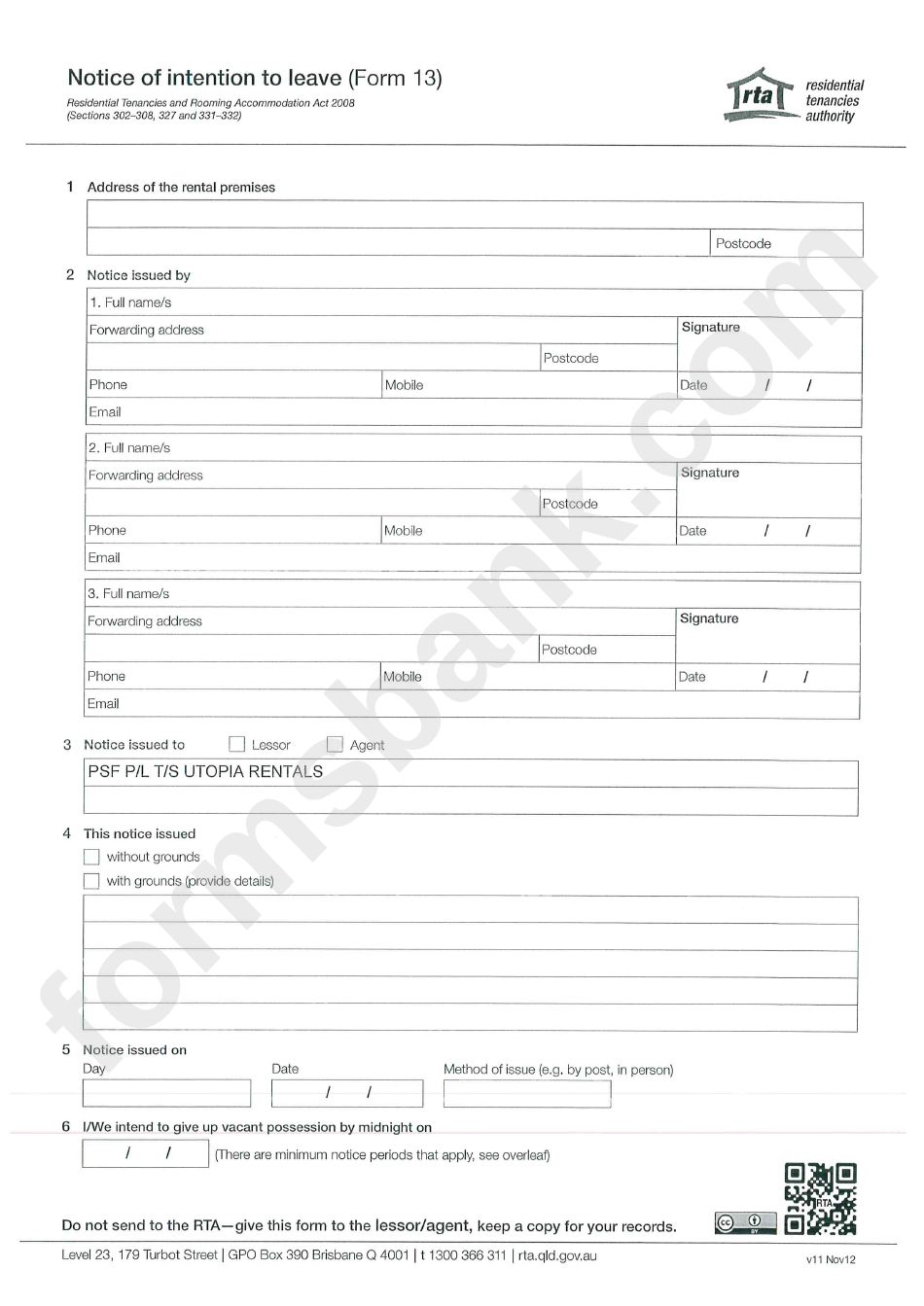 Form 13 - Notice Of Intention To Leave